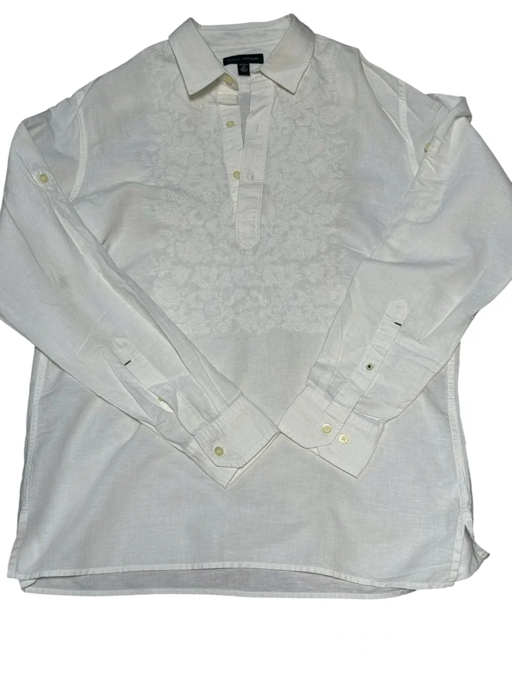 Banana Republic Off-White Embroidered  Linen/Cotton Button-Front Shirt [NWOT]